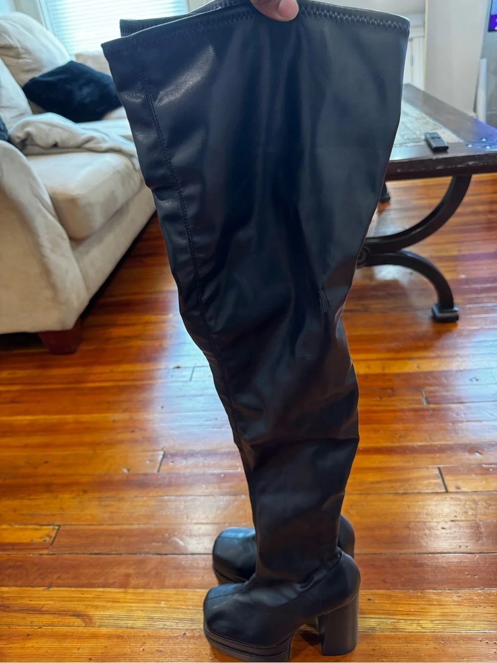 Black Over-the-Knee Square-Toe Faux Leather Boots